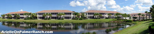 Some of the units in Arielle on Palmer Ranch look out to a picturesque lake view. Enjoy taking in the sunny scenery from your screened porch.